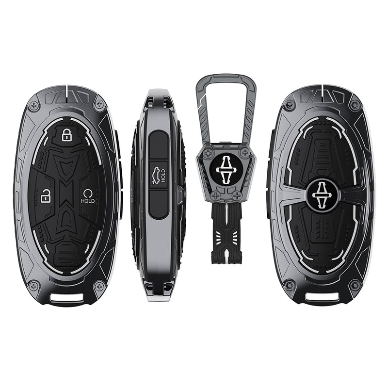 Black and gray keychain device with multiple functions on a white background