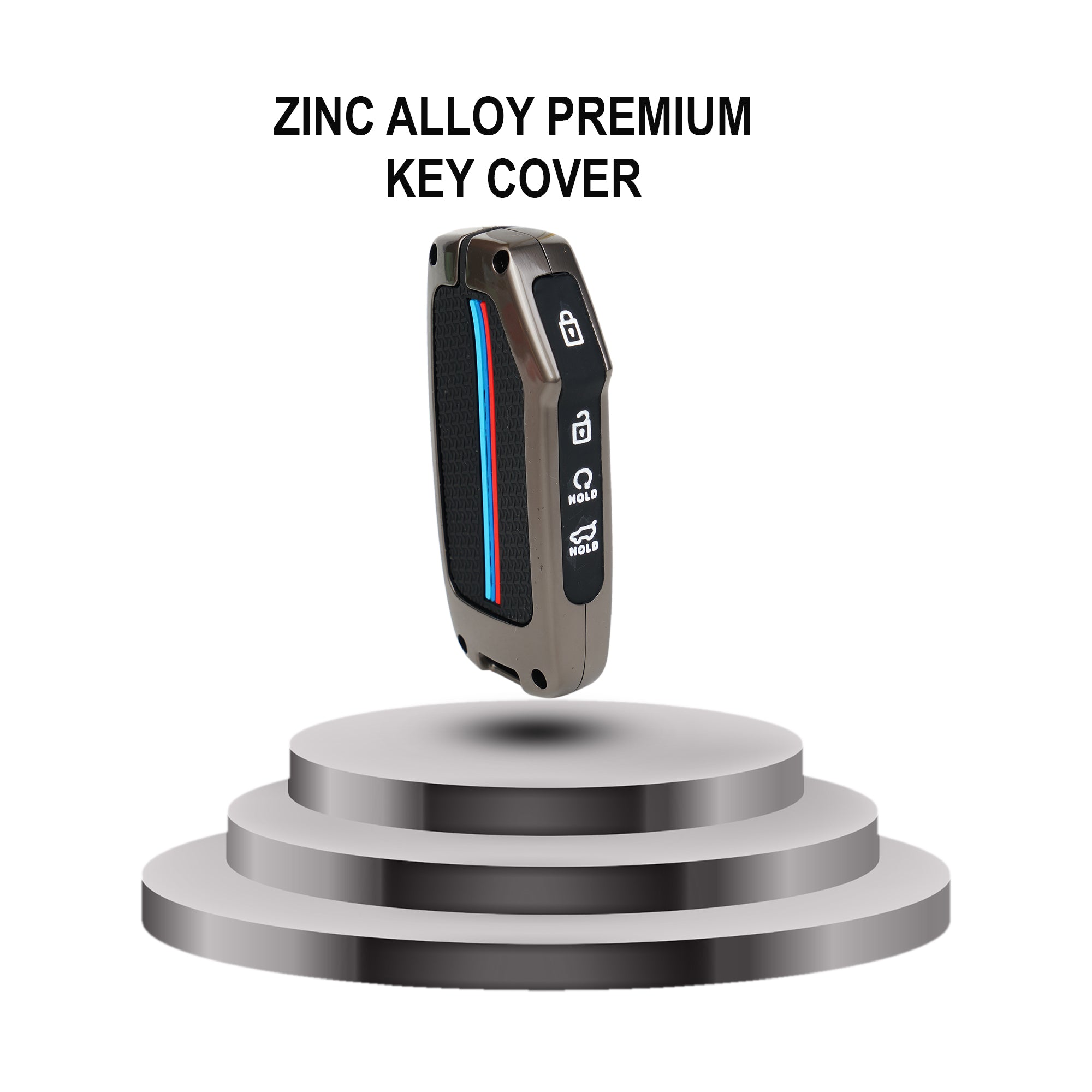 Zinc alloy premium key cover on a white background with text