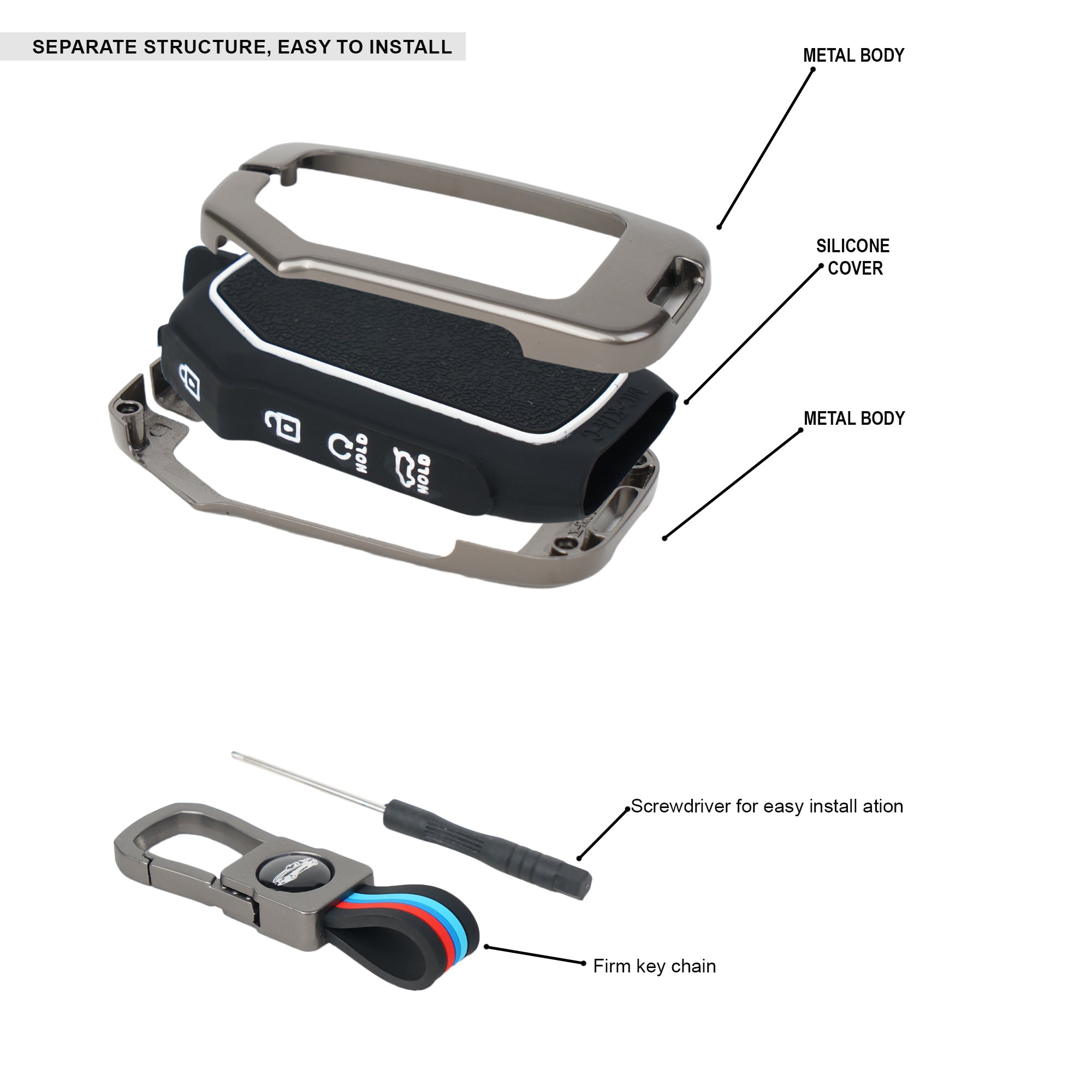 Key cover device with metal body, silicone cover, and screwdriver for installation on a white background.