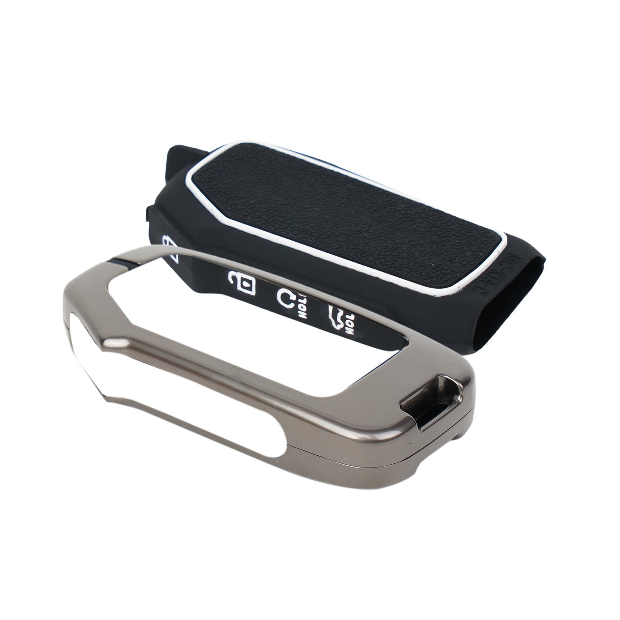 Black and silver car key fob cover on a white background