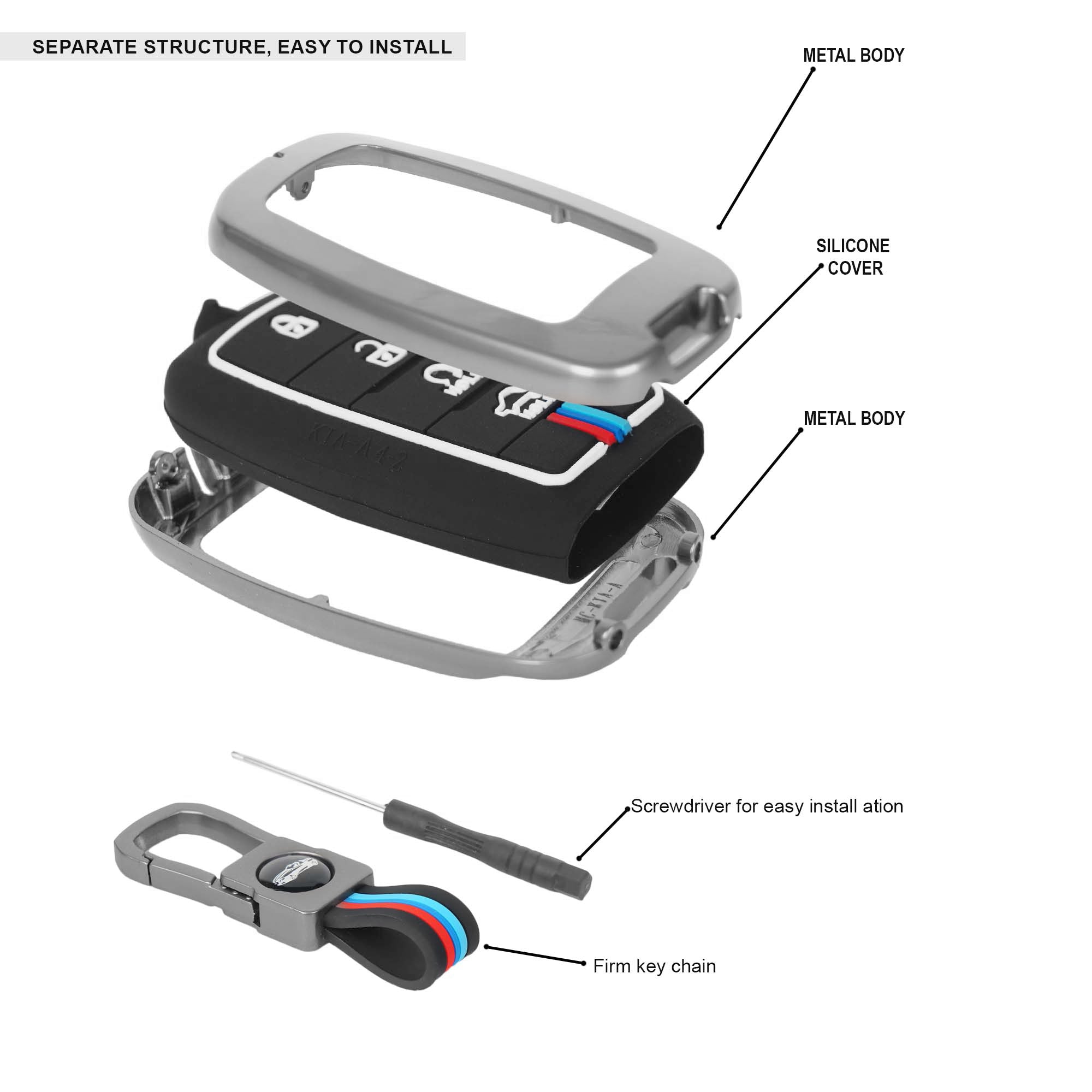 Keychain assembly with labeled parts on a white background