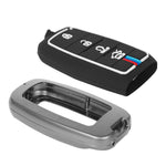 Black car key fob cover with BMW logo and silver keychain on a white background