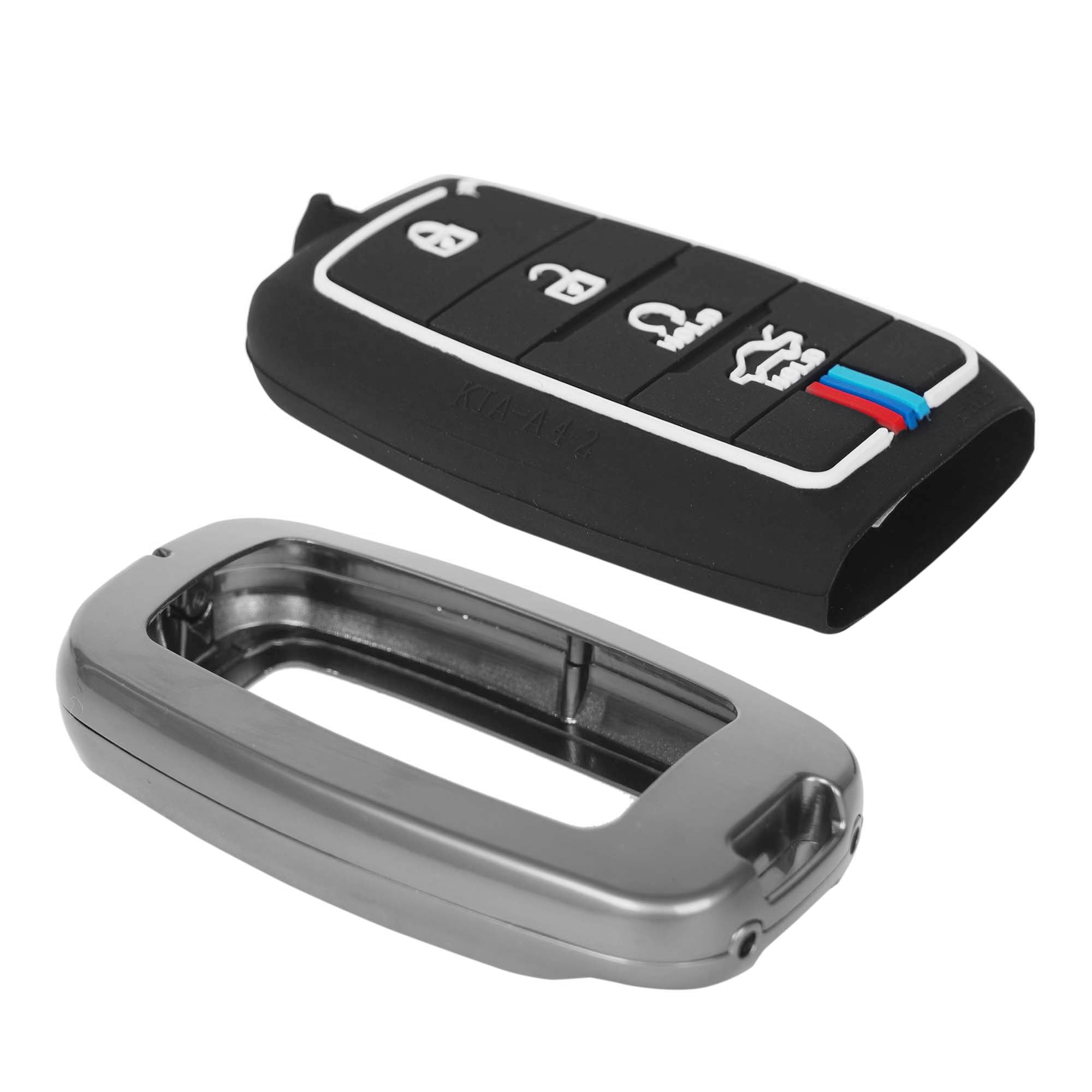 Black car key fob cover with BMW logo and silver keychain on a white background