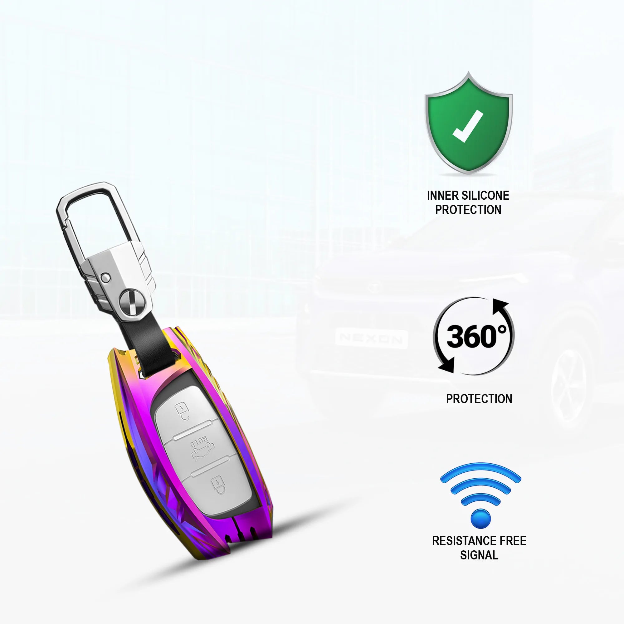 AUTO THRILL Premium Multi Violet Metal Key Cover Compatible with Hyundai i20, Creta, Venue, Tucson, Alcazar, Verna, Xcent, Aura, Elantra 3 Button Smart Key Special Feature Visibilitye in low-ligh Condition