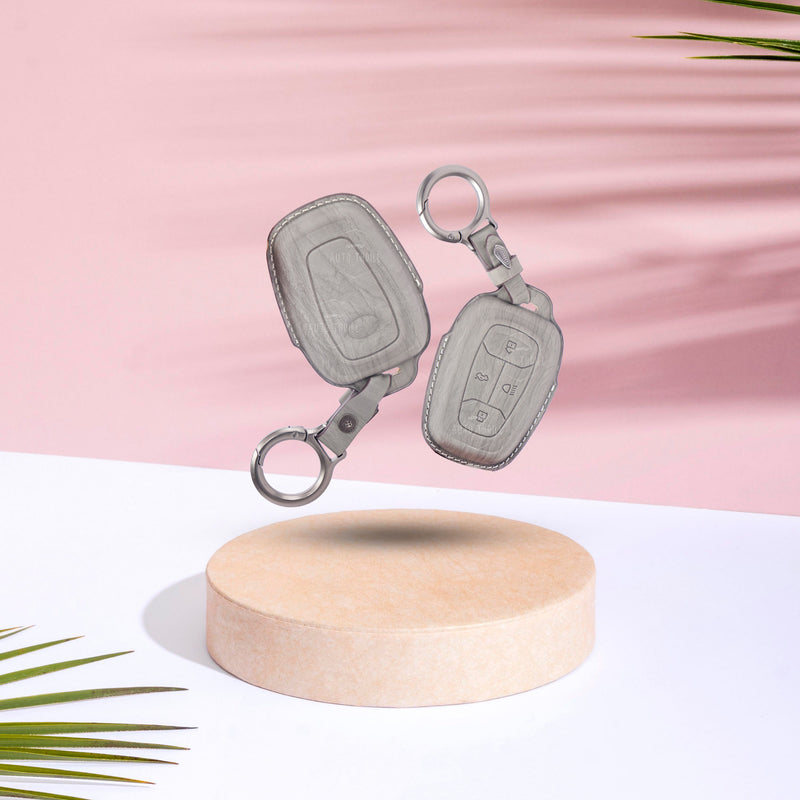 AutoThrill Premium Grey Leather Key Cover Compatible with Tata Harrier | Safari | Nexon | Altroz | Tigor | EV | Punch | Tiago EV Electric - 4 Button Smart Key Only