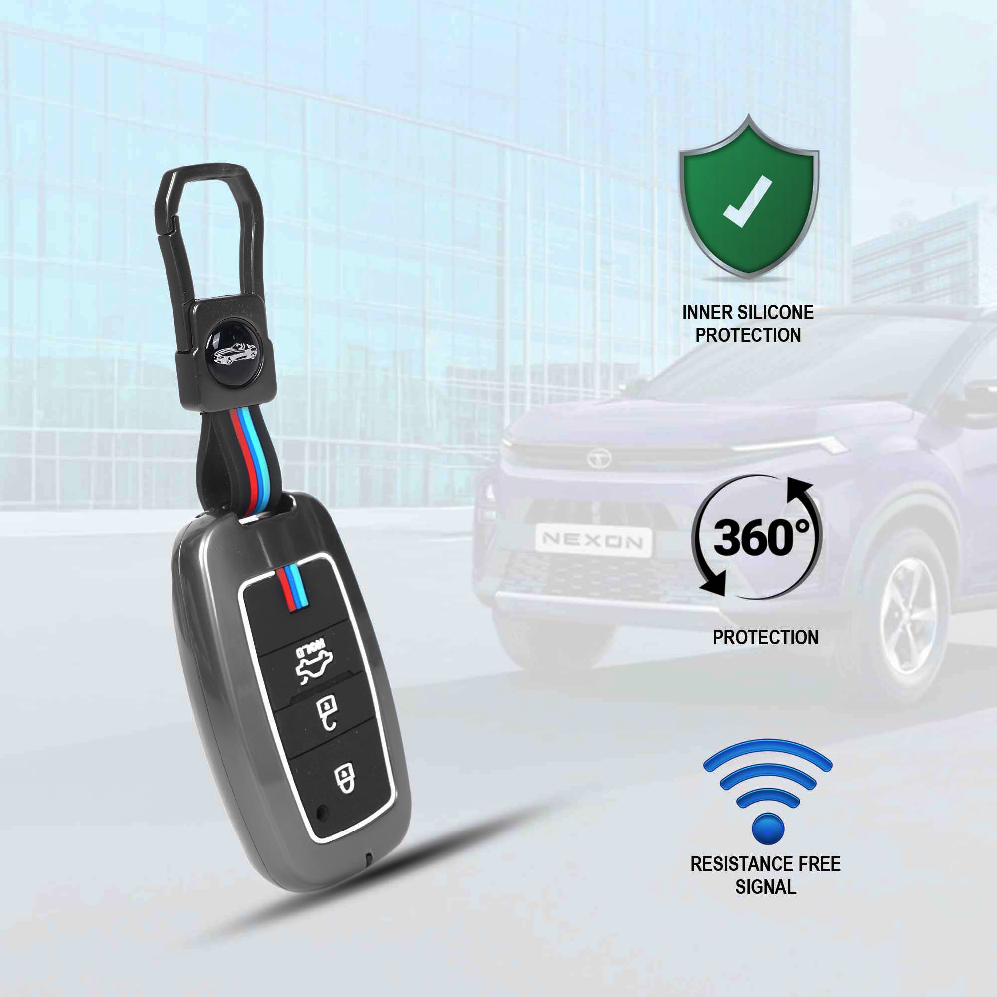 Car key fob cover with 360-degree protection features on a light blue background