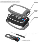 Key fob with metal body, silicone cover, screwdriver, and key chain on a white background