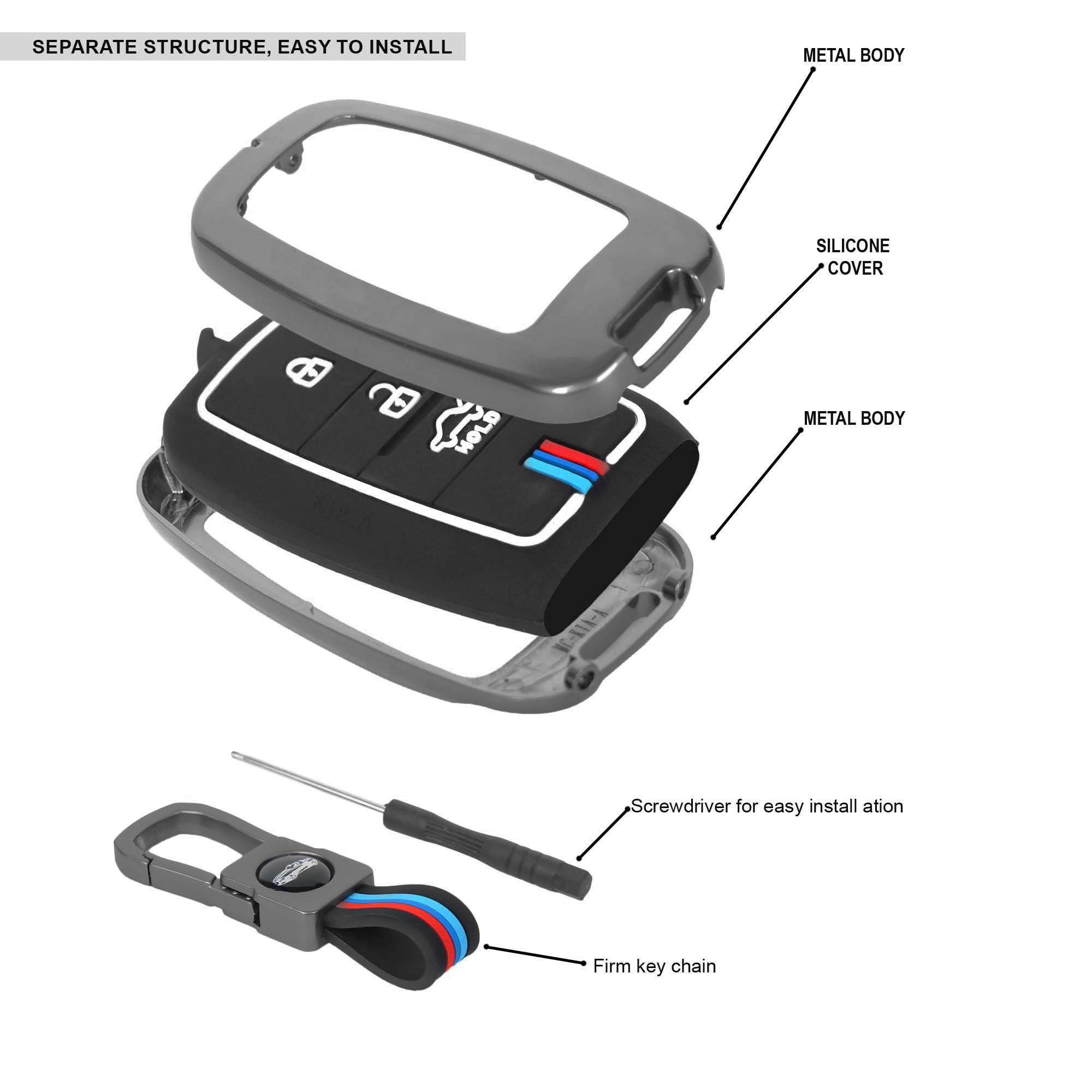 Key fob with metal body, silicone cover, screwdriver, and key chain on a white background