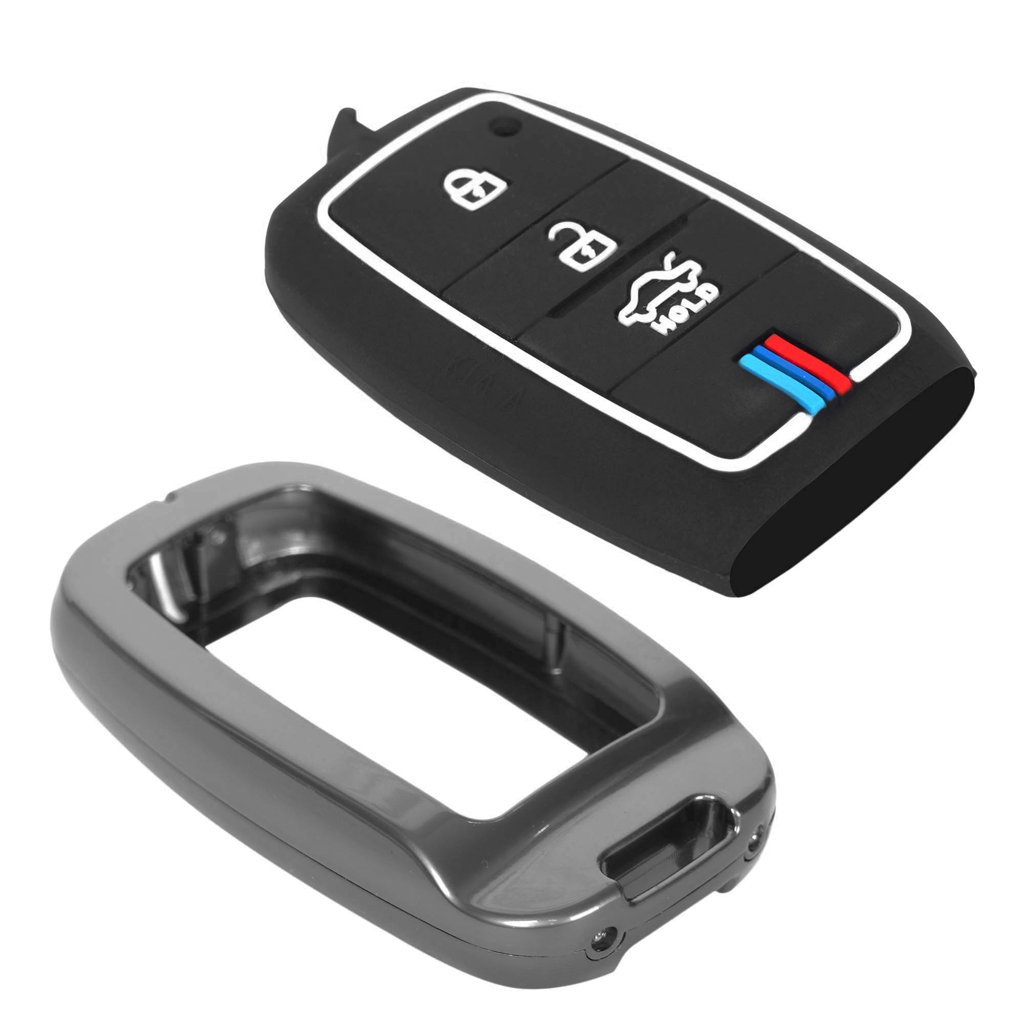 Black car key fob cover with buttons and gray key fob shell on a white background