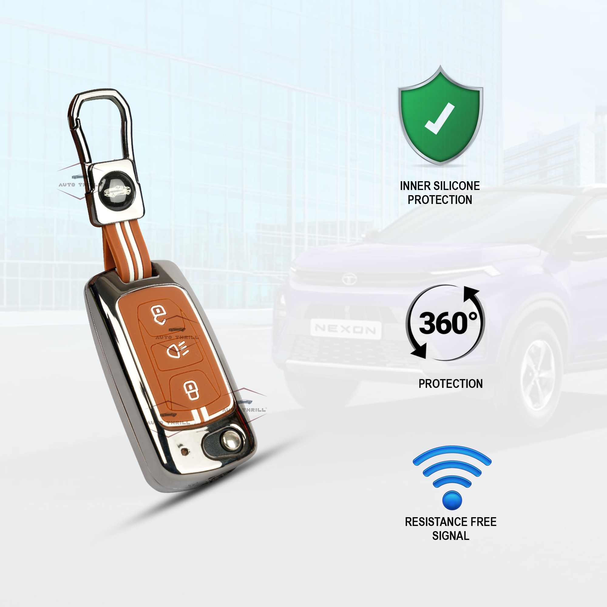 AutoThrill Premium Metal Chrome Brown Key Cover Compatible with Tata Tiago | Nexon | Altroz | Safari | Storme | Zest | Bolt | Tigor | Punch | Hexa 3 Button Flip Key
