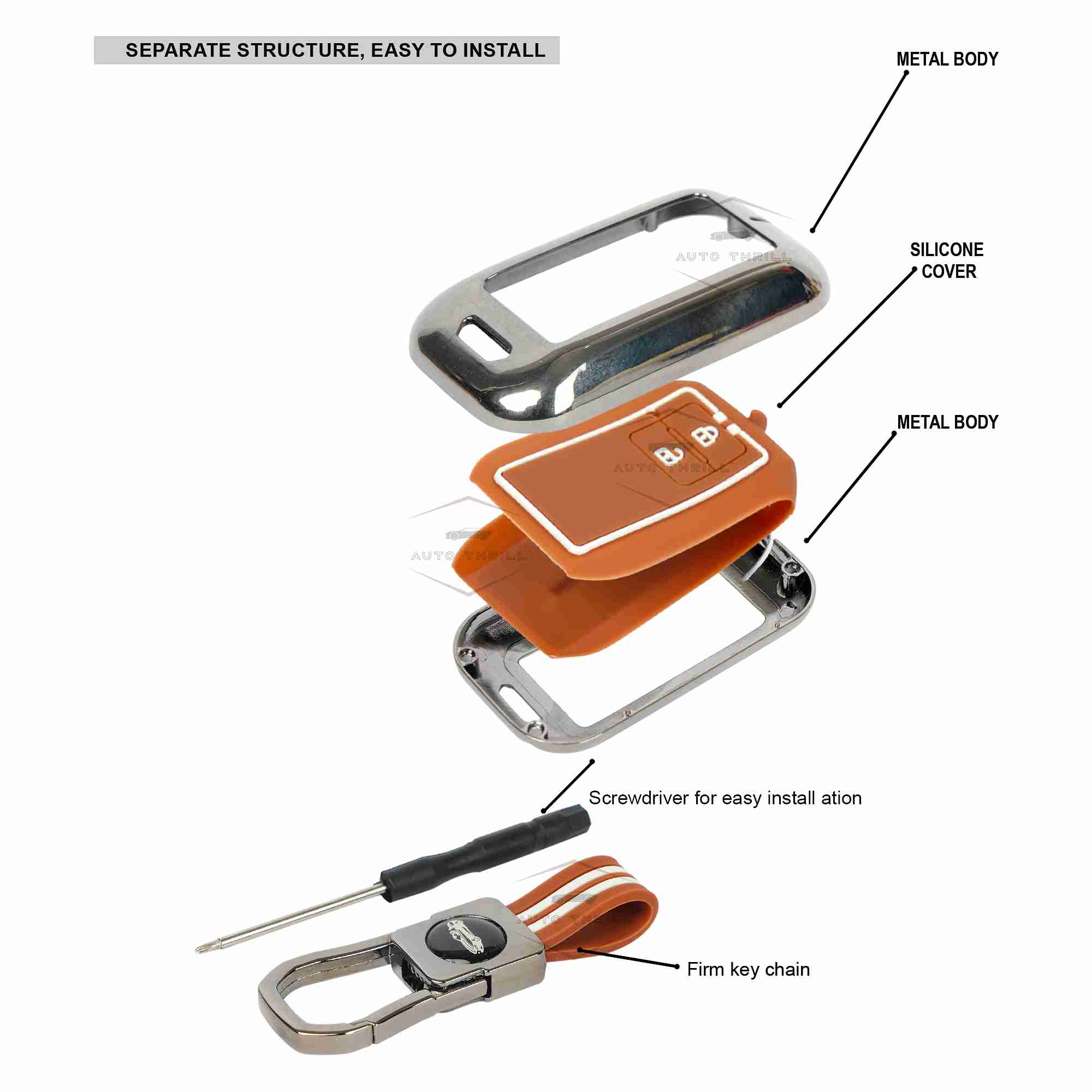 Auto Thrill Premium Chrome Brown Key Cover for Baleno, Grand Vitara, XL6, Swift, Brezza, Celerio, Ignis, Ertiga, Dzire, Fronx, Rumion, Glanza, Hyryder - 2 Button Smart Key