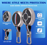 Key cover with carabiner and features highlighted on a blue background