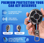 Key cover device with glowing buttons and signal interference protection on a blue background
