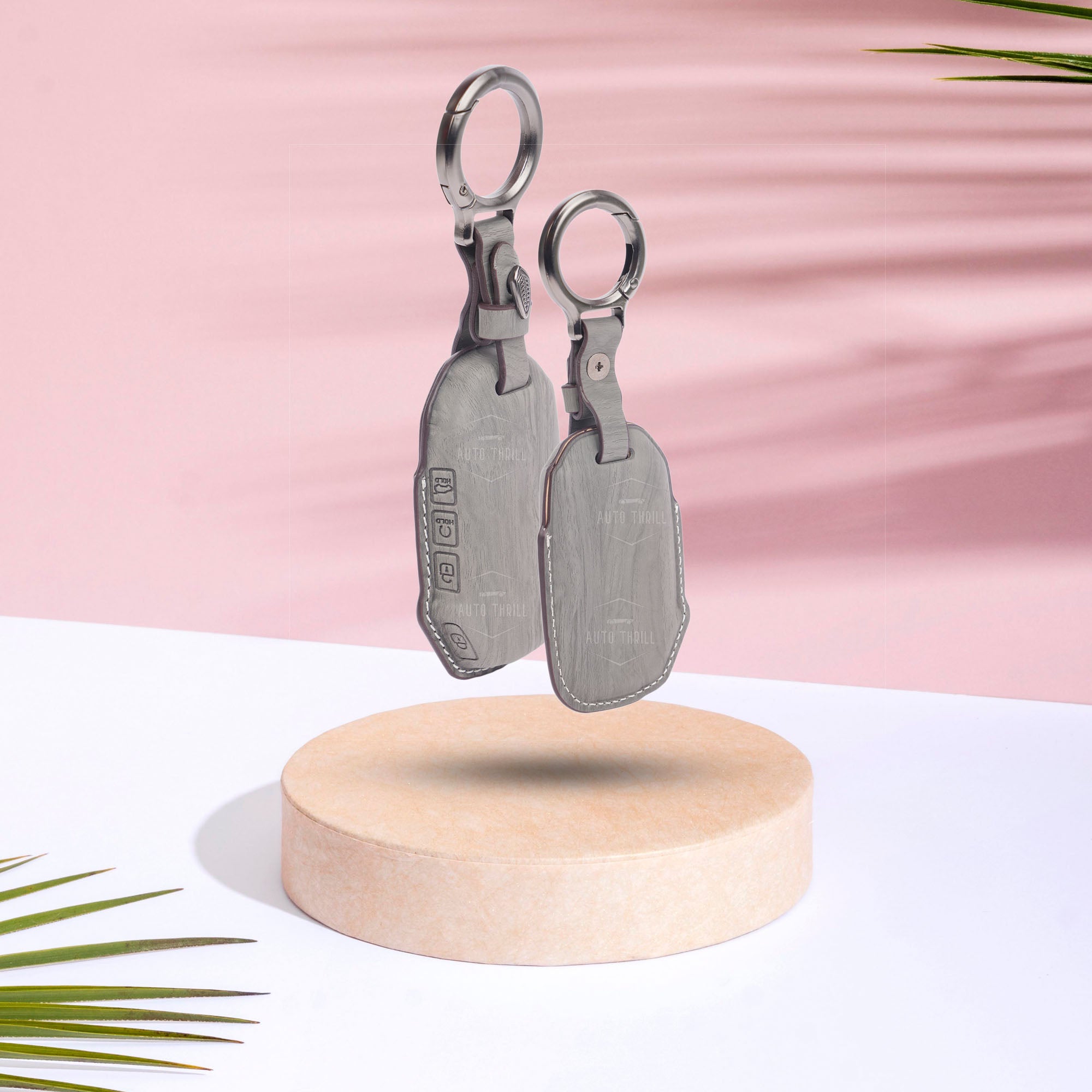 Auto Thrill Premium Grey Leather Key Cover Compatible with Kia Seltos 2024/2023 Facelift HTX, Carens Clavis X Line & Sonet Facelift – 4 Button Smart Key