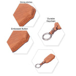 Brown leather key case with strong stitches, durable keyring, and embossed button on a white background.