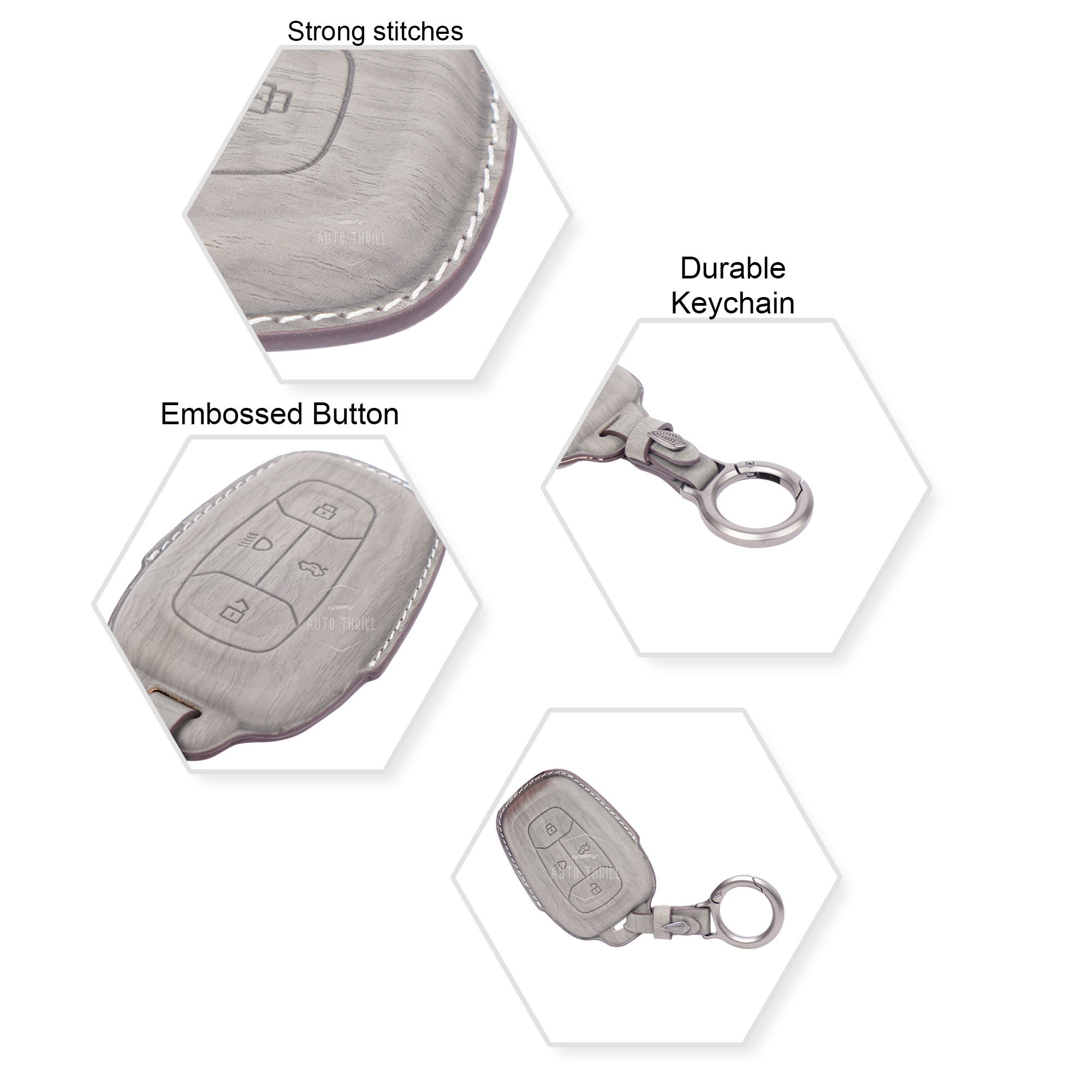 AutoThrill Premium Grey Leather Key Cover Compatible with Tata Harrier | Safari | Nexon | Altroz | Tigor | EV | Punch | Tiago EV Electric - 4 Button Smart Key Only