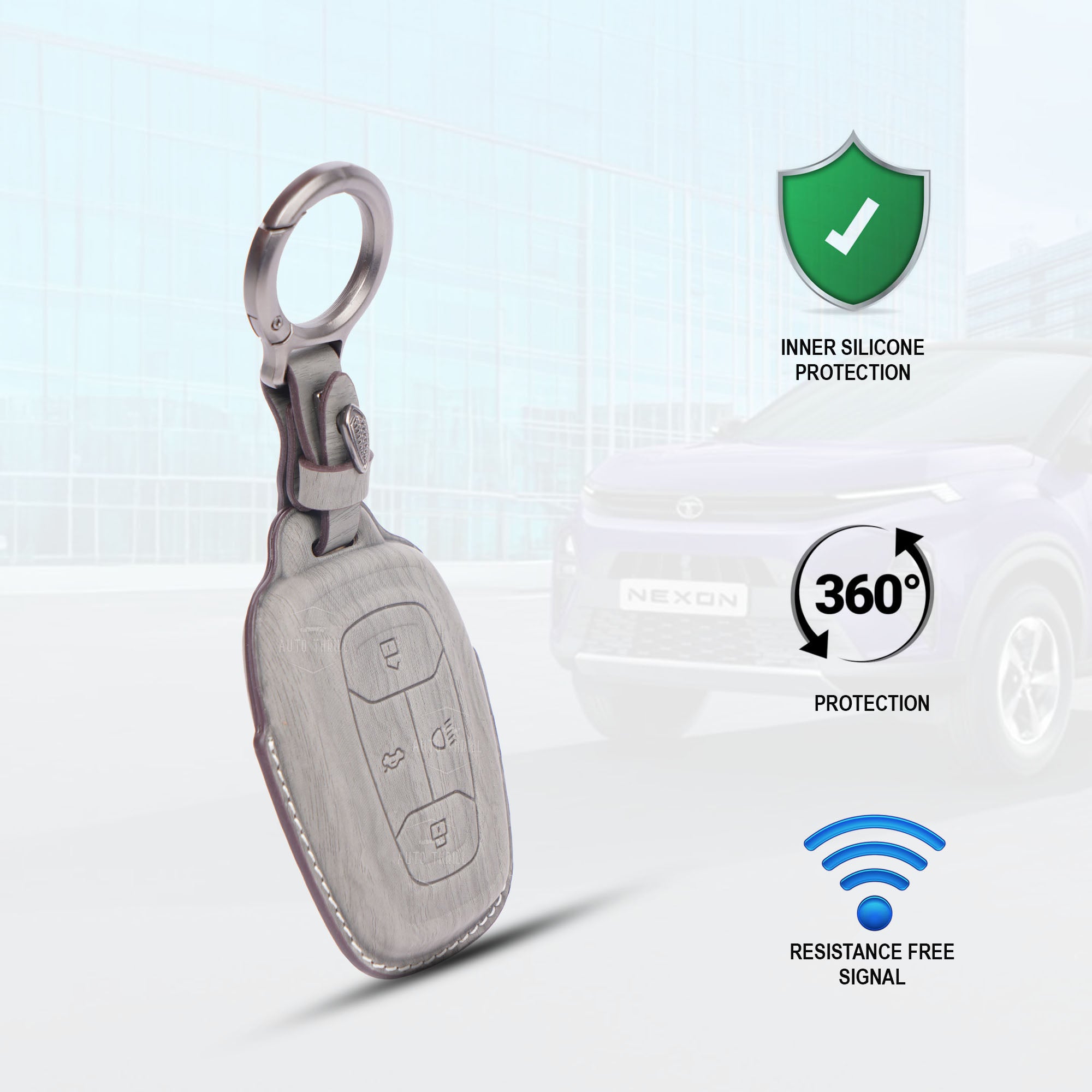 AutoThrill Premium Grey Leather Key Cover Compatible with Tata Harrier | Safari | Nexon | Altroz | Tigor | EV | Punch | Tiago EV Electric - 4 Button Smart Key Only