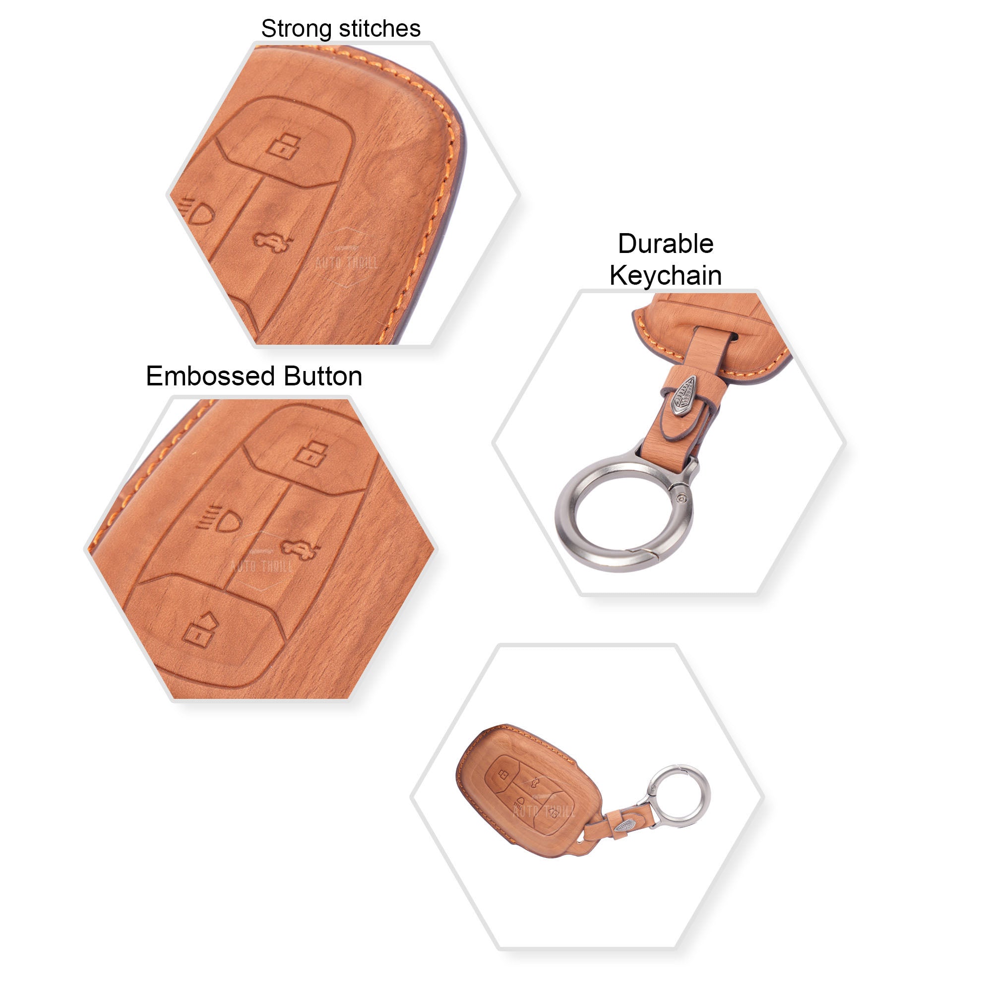 AutoThrill Premium Brown Leather Key Cover Compatible with Tata Harrier | Safari | Nexon | Altroz | Tigor | EV | Punch | Tiago EV Electric - 4 Button Smart Key Only