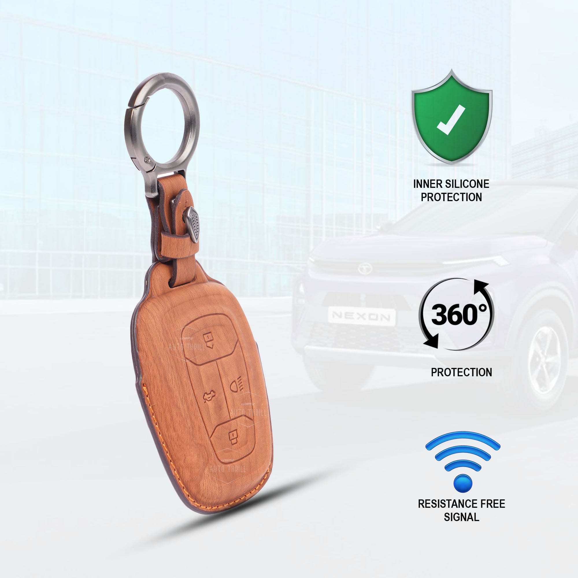 AutoThrill Premium Brown Leather Key Cover Compatible with Tata Harrier | Safari | Nexon | Altroz | Tigor | EV | Punch | Tiago EV Electric - 4 Button Smart Key Only