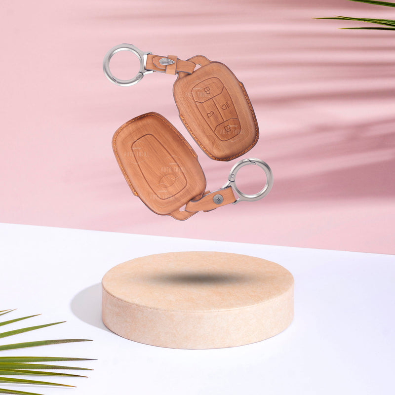 AutoThrill Premium Brown Leather Key Cover Compatible with Tata Harrier | Safari | Nexon | Altroz | Tigor | EV | Punch | Tiago EV Electric - 4 Button Smart Key Only