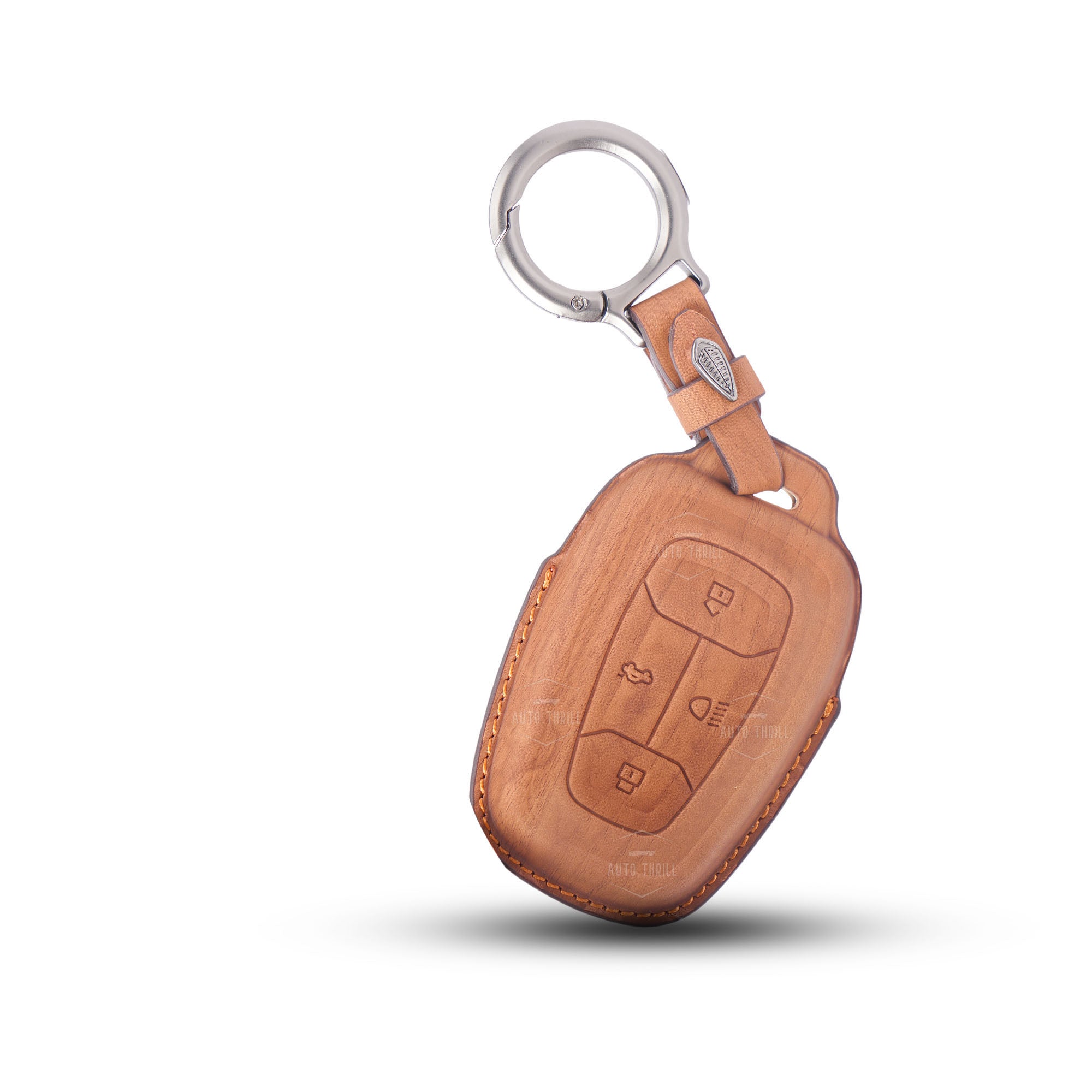 AutoThrill Premium Brown Leather Key Cover Compatible with Tata Harrier | Safari | Nexon | Altroz | Tigor | EV | Punch | Tiago EV Electric - 4 Button Smart Key Only