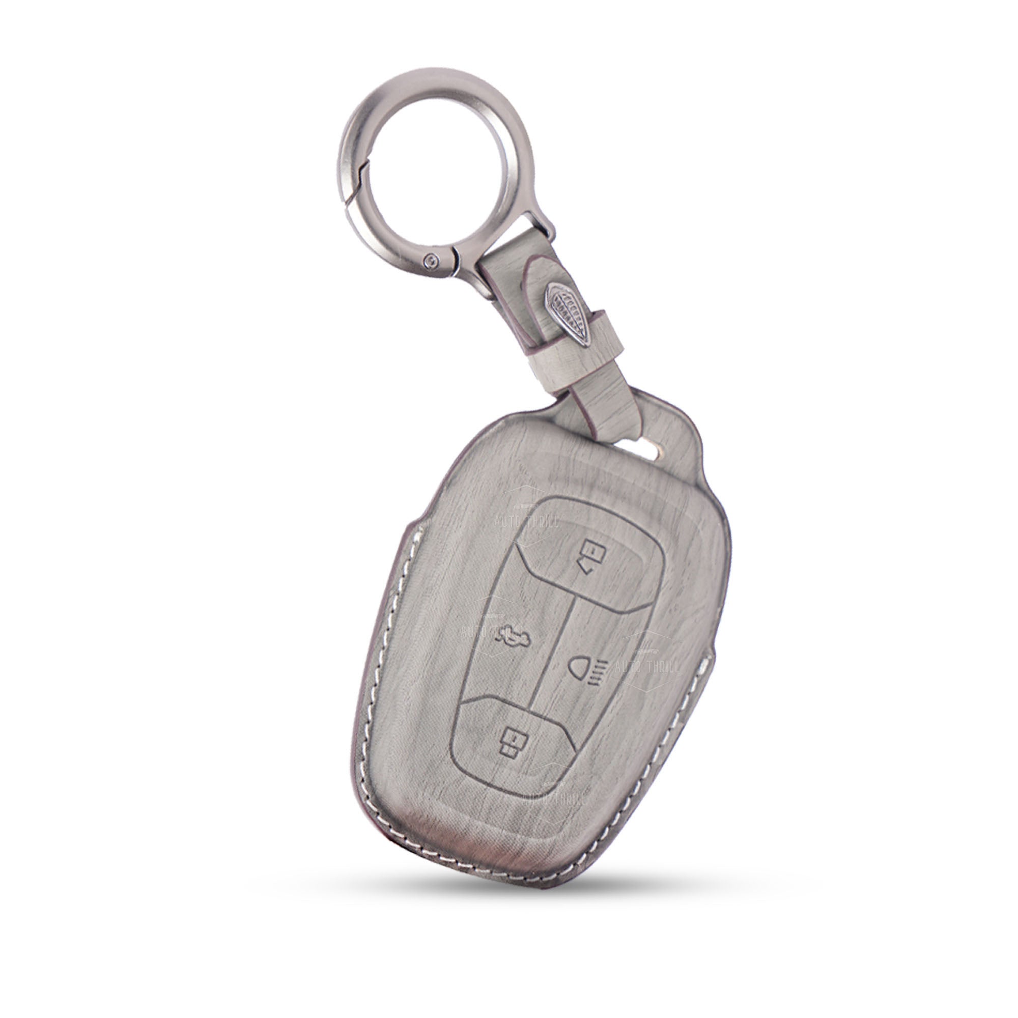 AutoThrill Premium Grey Leather Key Cover Compatible with Tata Harrier | Safari | Nexon | Altroz | Tigor | EV | Punch | Tiago EV Electric - 4 Button Smart Key Only