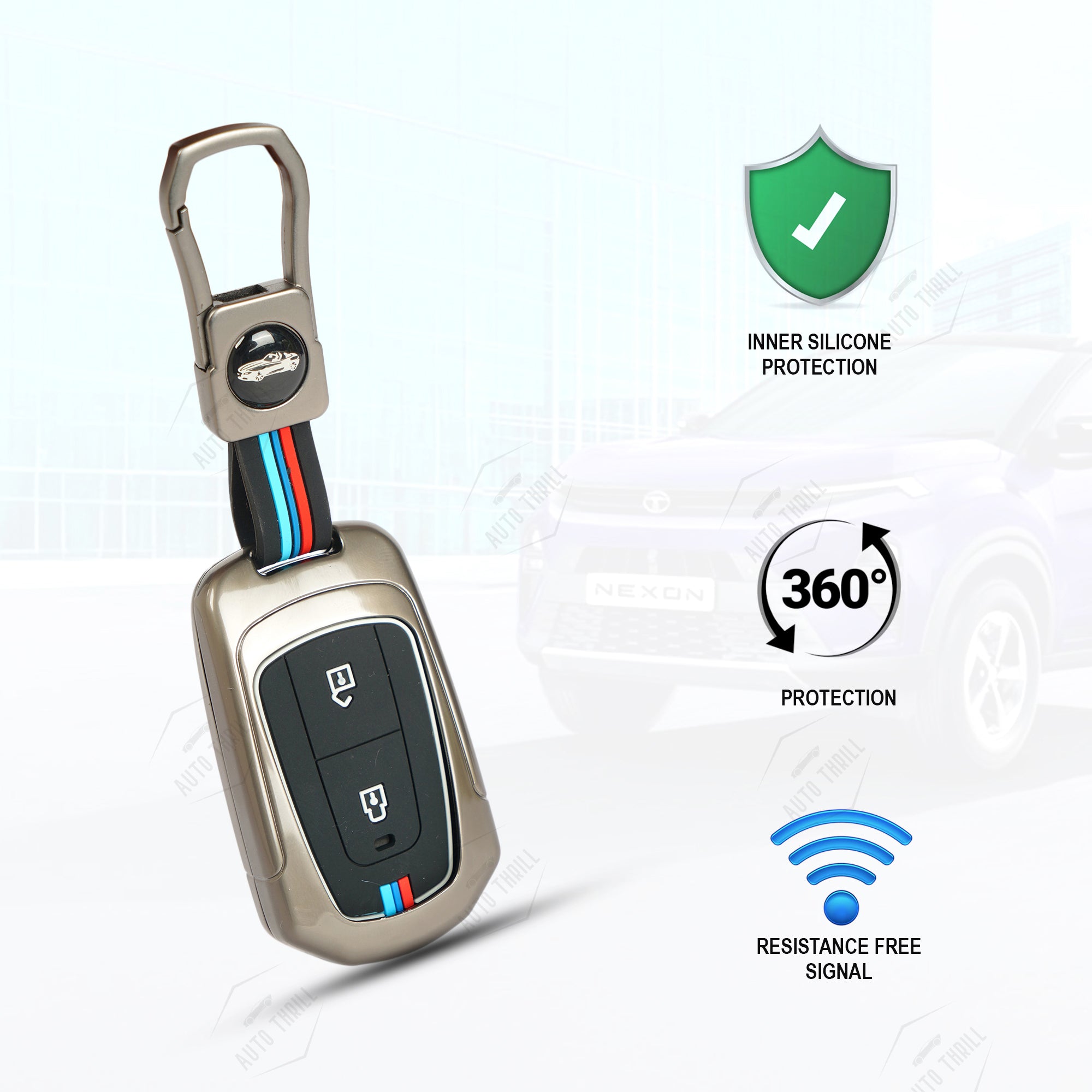 Key fob cover with carabiner on a white background