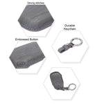 Gray leather wallet with keychain and embossed button, highlighting strong stitches and durability.
