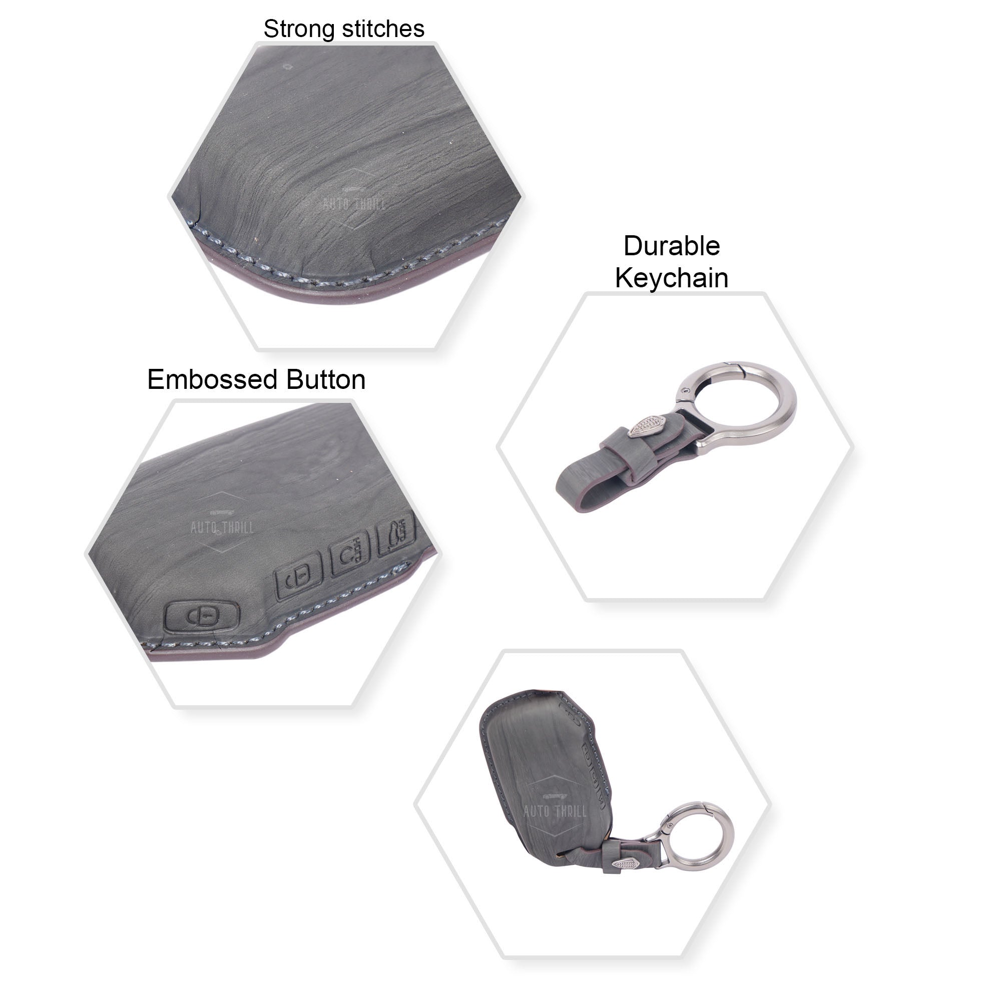 Gray leather wallet with keychain and embossed button, highlighting strong stitches and durability.