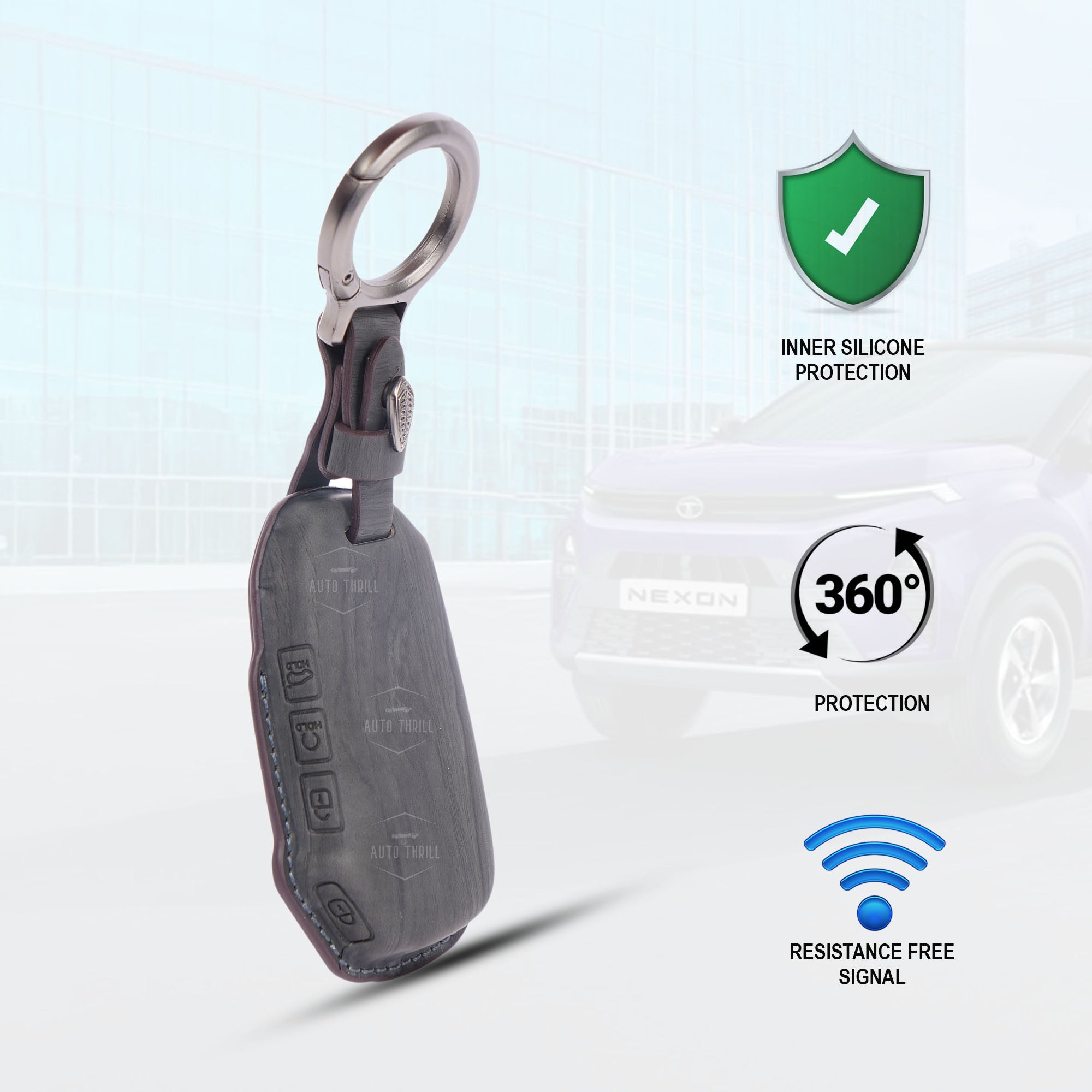 Auto Thrill Premium Black Leather Key Cover Compatible with Kia Seltos 2024/2023 Facelift HTX, Carens Clavis X Line & Sonet Facelift – 4 Button Smart Key