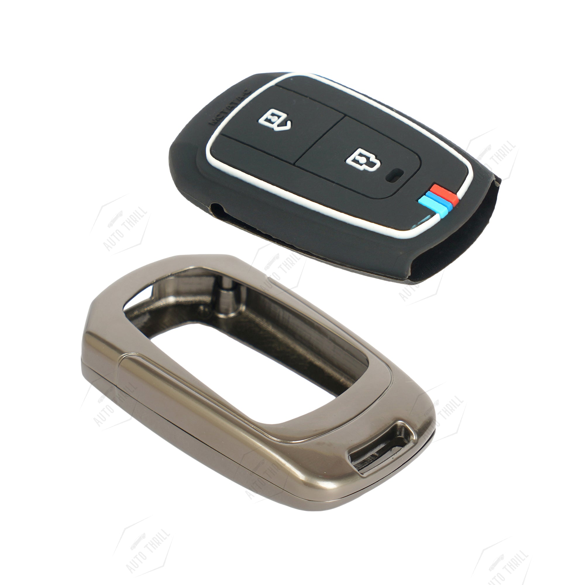 Black and silver car key fobs on a white background