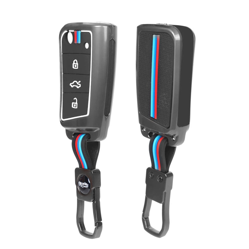 Skoda Volkswagen metal alloy key cover front and back view for 3 button flip key