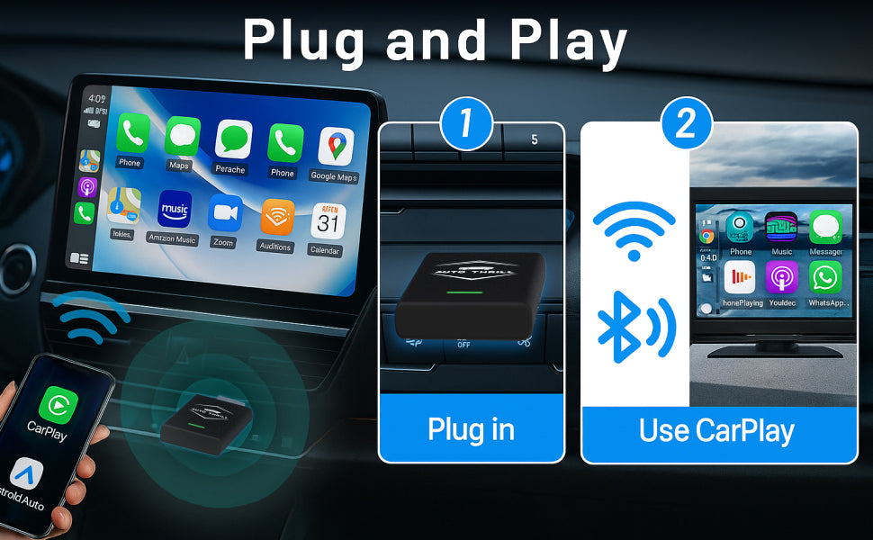 AutoThrill 2-in-1 Wireless Car Adapter | Convert Wired Android Auto & CarPlay to Wireless | Bluetooth Connectivity | Compatible with OEM Stereo Screen Wired Android Auto/CarPlay