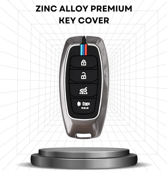 Zinc alloy premium key cover with button symbols on a white background