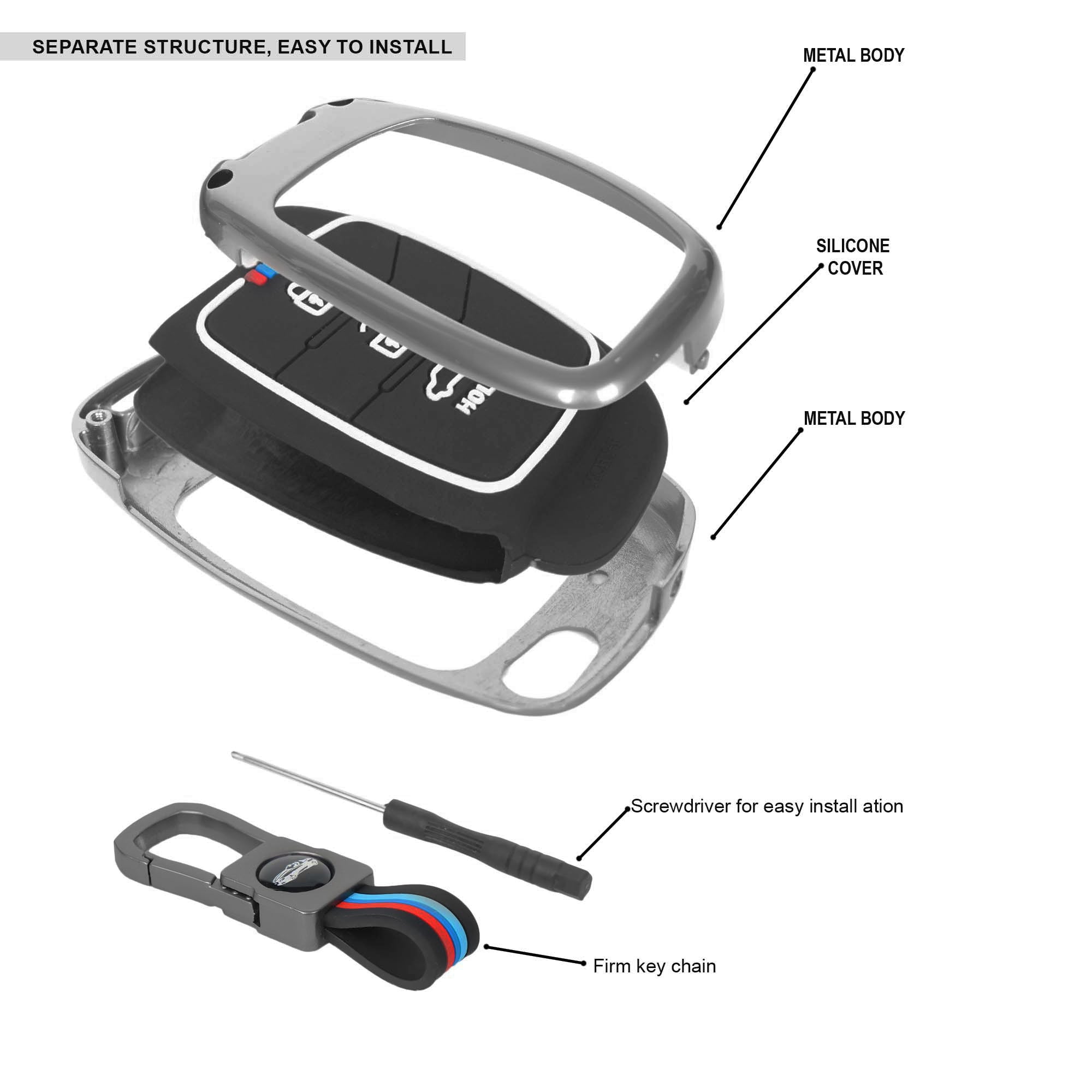 Auto Thrill Premium Metal Silicone Key Cover Compatible with Hyundai i20 | Creta | Venue | Tucson | Alcazar | Verna | Xcent | Aura | Elantra | 3 Button Flip Key only