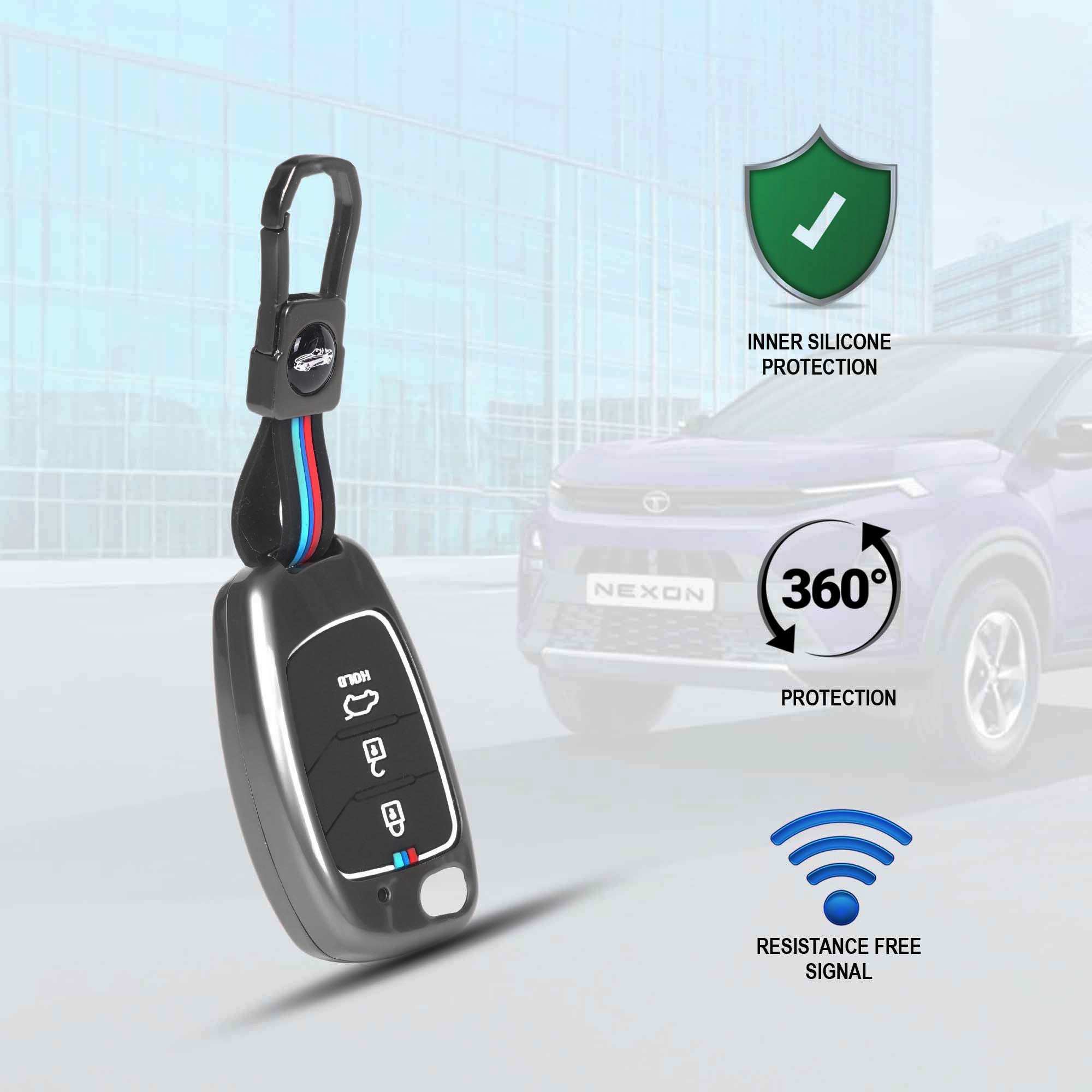 Auto Thrill Premium Metal Silicone Key Cover Compatible with Hyundai i20 | Creta | Venue | Tucson | Alcazar | Verna | Xcent | Aura | Elantra | 3 Button Flip Key only
