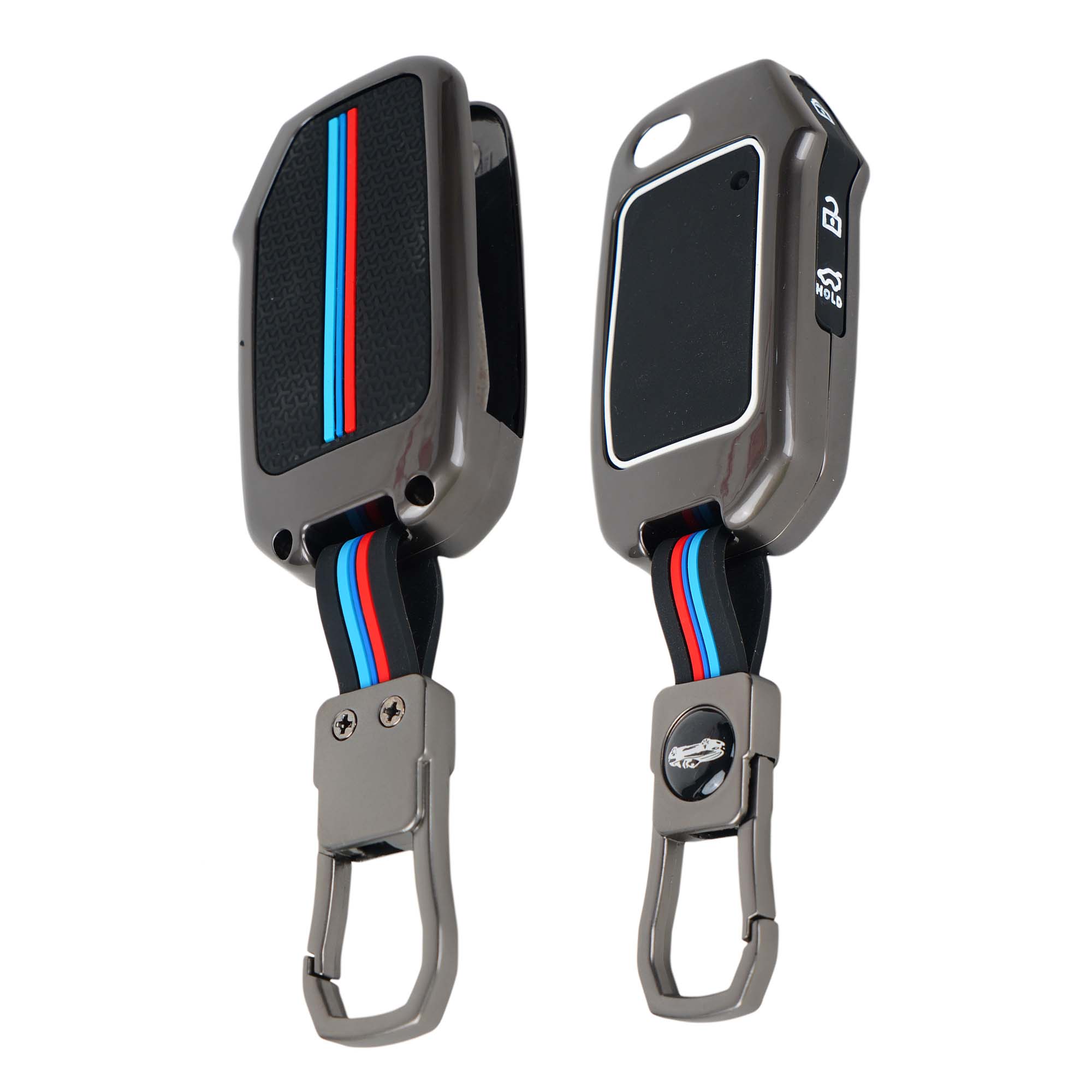 Two car covers with black panels and red and blue stripes on a white background