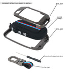 Key case device with metal body, silicone cover, and screwdriver for installation on a white background.