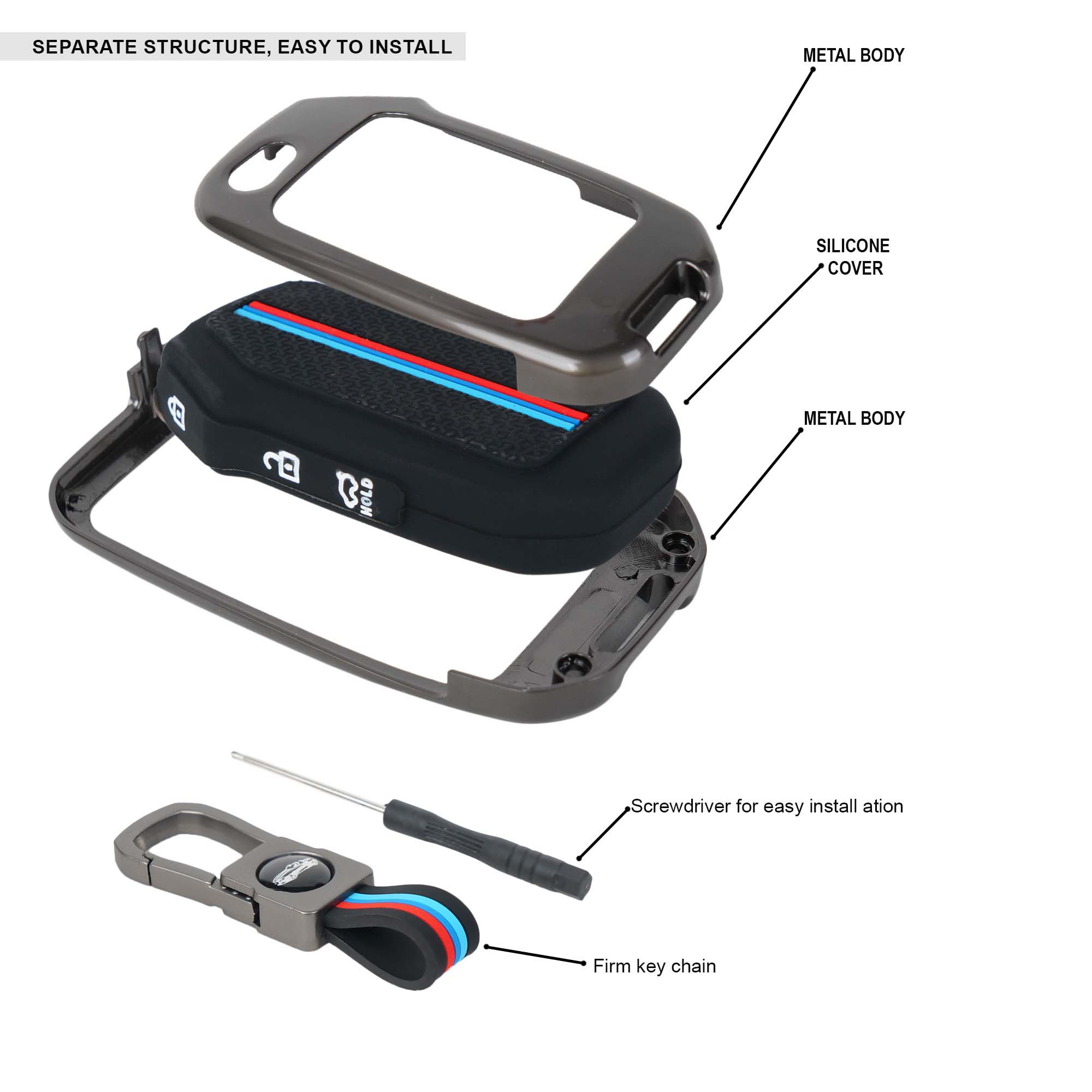 Key case device with metal body, silicone cover, and screwdriver for installation on a white background.
