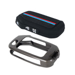 Black car key fob cover with red and blue stripe and black carabiner on a white background