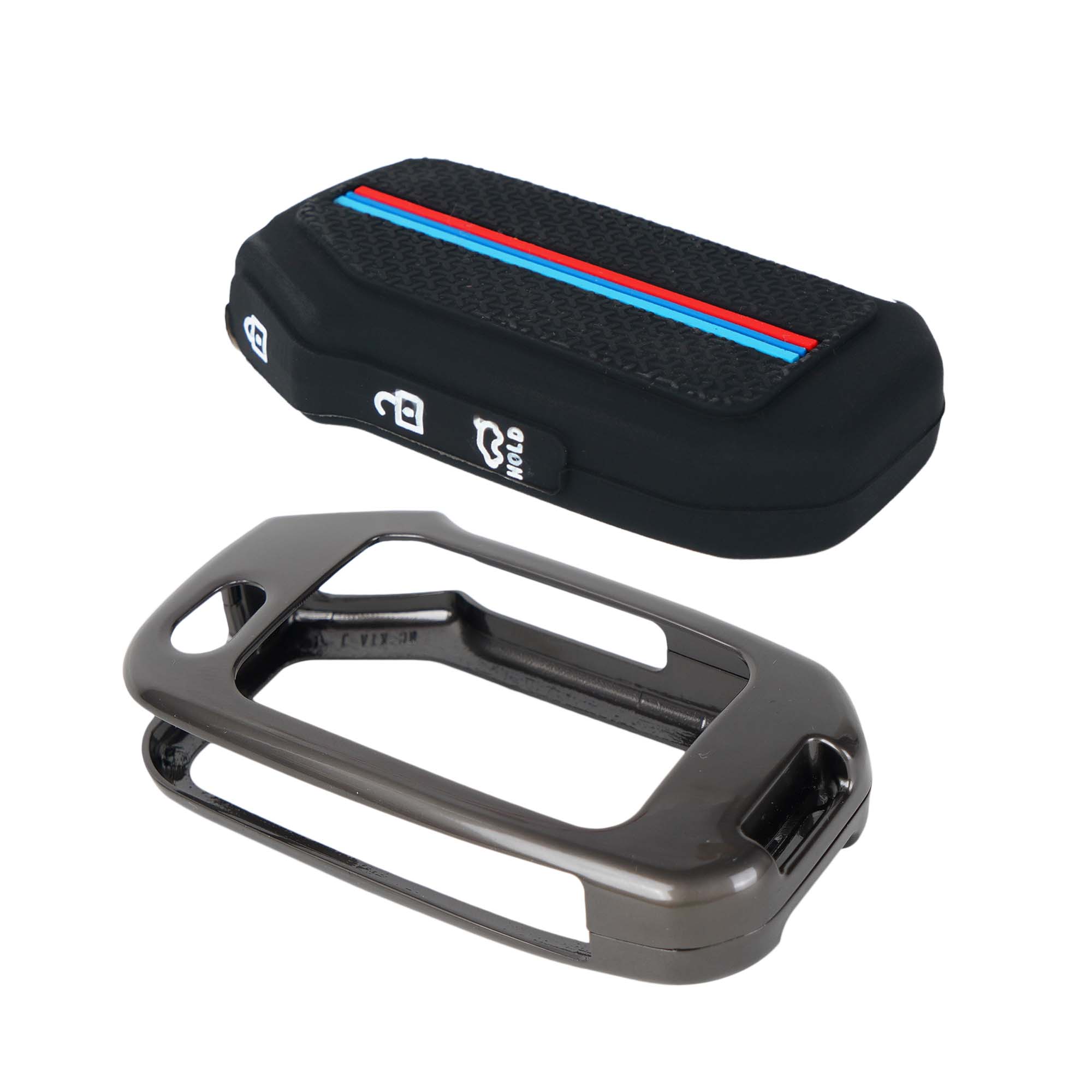 Black car key fob cover with red and blue stripe and black carabiner on a white background