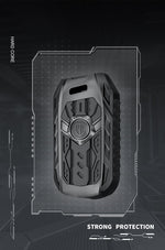 Black rugged phone case with 'Hard Core' and 'Strong Protection' text on a dark background