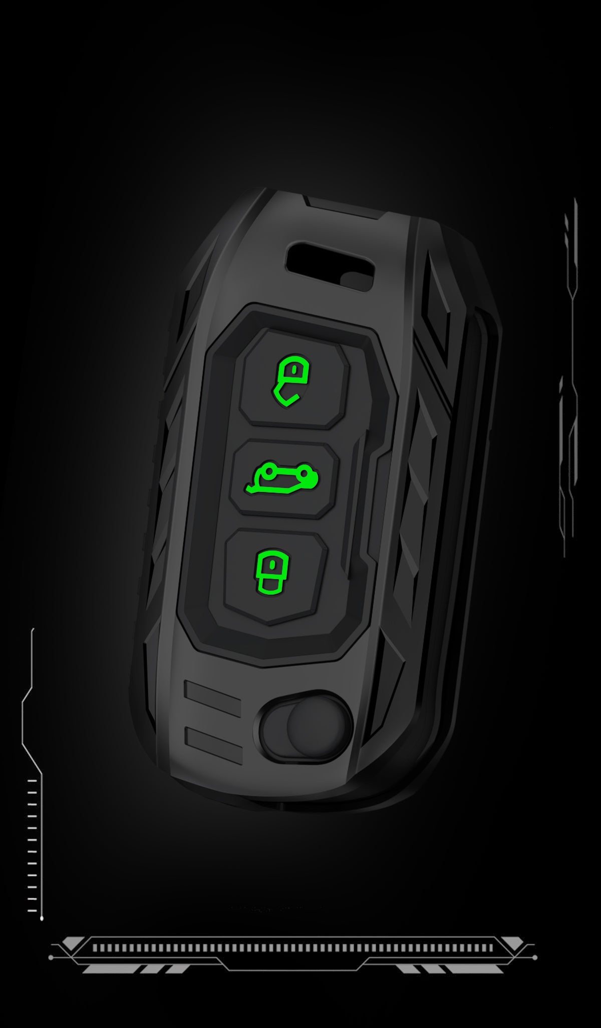 Black remote control with green buttons on a black background