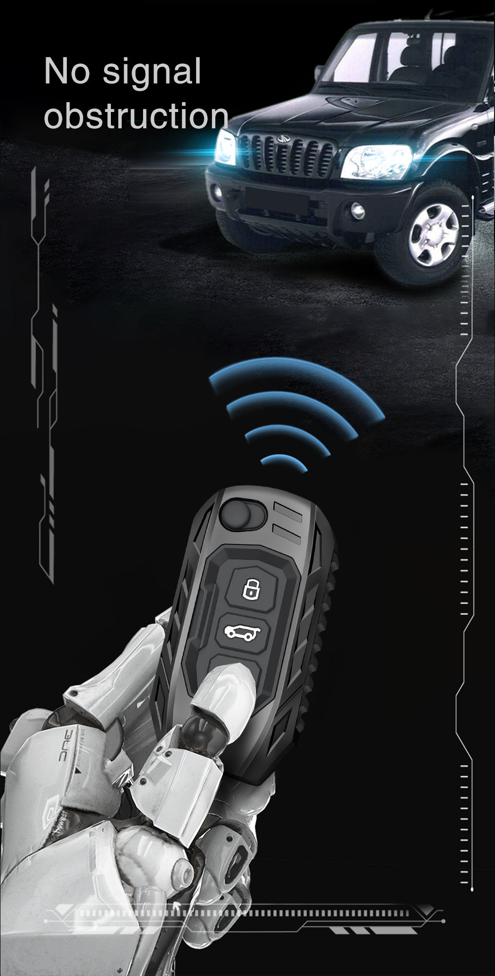 Car remote control with wireless signal icon and vehicle in dark setting