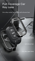 Car key case with labeled components on a dark background