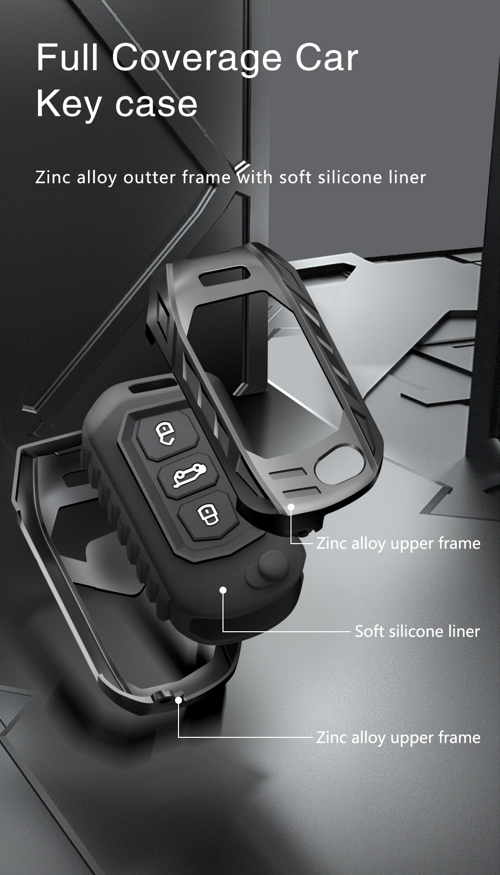 Car key case with labeled components on a dark background