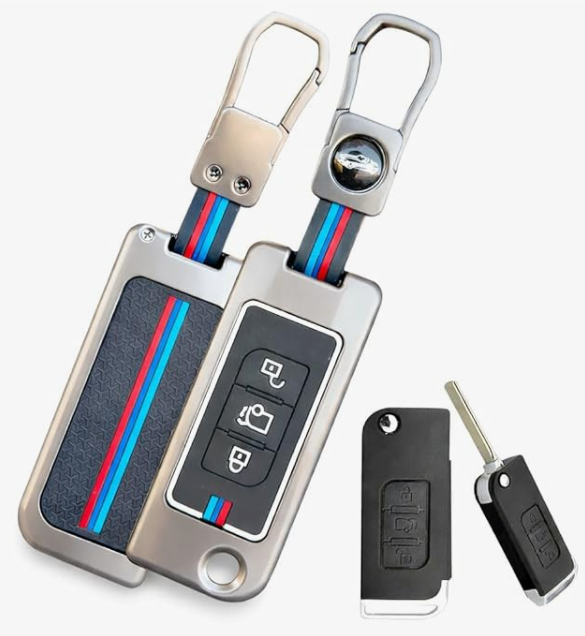 Key fob cover with carabiner and key blade on a white background