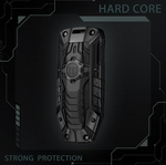 Rugged black phone case with 'Hard Core' branding on a dark background