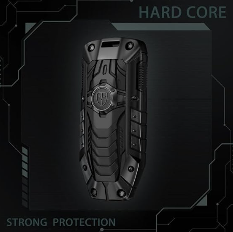 Rugged black phone case with 'Hard Core' branding on a dark background