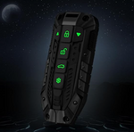 Black electronic device with green indicator lights on a dark space-themed background